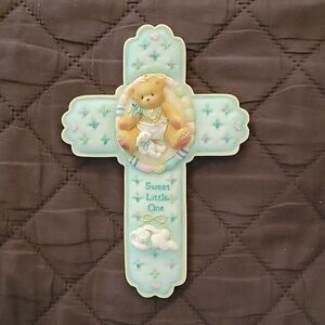 Enesco bear and bunny cross wall hanging.  "Sweet Little One" 7 x 4.5 baby 1996